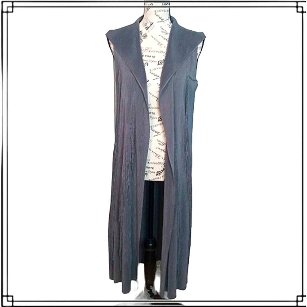Pleats Collection Pleated w/Fringe Gray Sleeveless Duster Cardigan Size Med